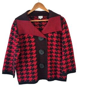 Sioni Red Black Houndstooth Cardigan Sweater‎ Womens Size L Maximalist Artsy